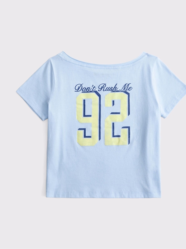 Abercrombie & Fitch Blue Off The Shoulder Graphic Print T-Shirt - Image 2 of 2