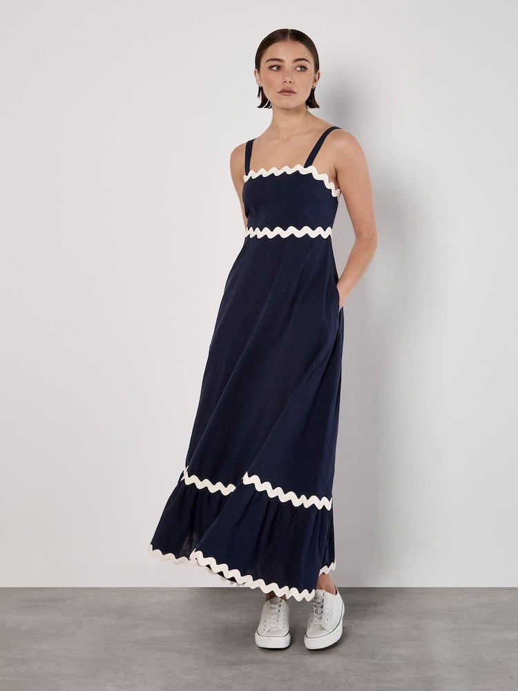 Apricot Blue Rick Rack Trim Trapeze Midaxi 100% Cotton Dress - Image 1 of 4