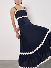Apricot Blue Rick Rack Trim Trapeze Midaxi 100% Cotton Dress - Image 4 of 4