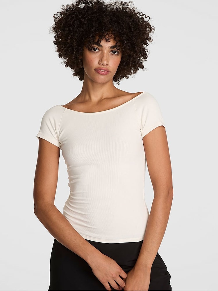 Victoria's Secret PINK Winter White Ribbed T-Shirt - Image 1 of 4 Victoria's Secret PINK Winter White Ribbed T-Shirt - Image 1 of 4