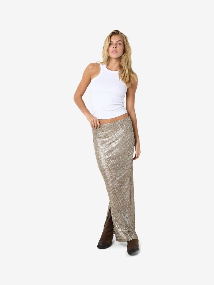 NOISY MAY Grey Side Split Sequin White Maxi Skirt - Image 1 of 5
