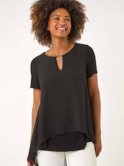 Roman Black Ring Front Chiffon Overlay Blouse - Image 1 of 5