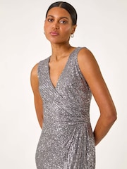 Roman Grey Sequin Side Twist Wrap Maxi Dress - Image 3 of 5