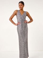 Roman Grey Sequin Side Twist Wrap Maxi Dress - Image 5 of 5