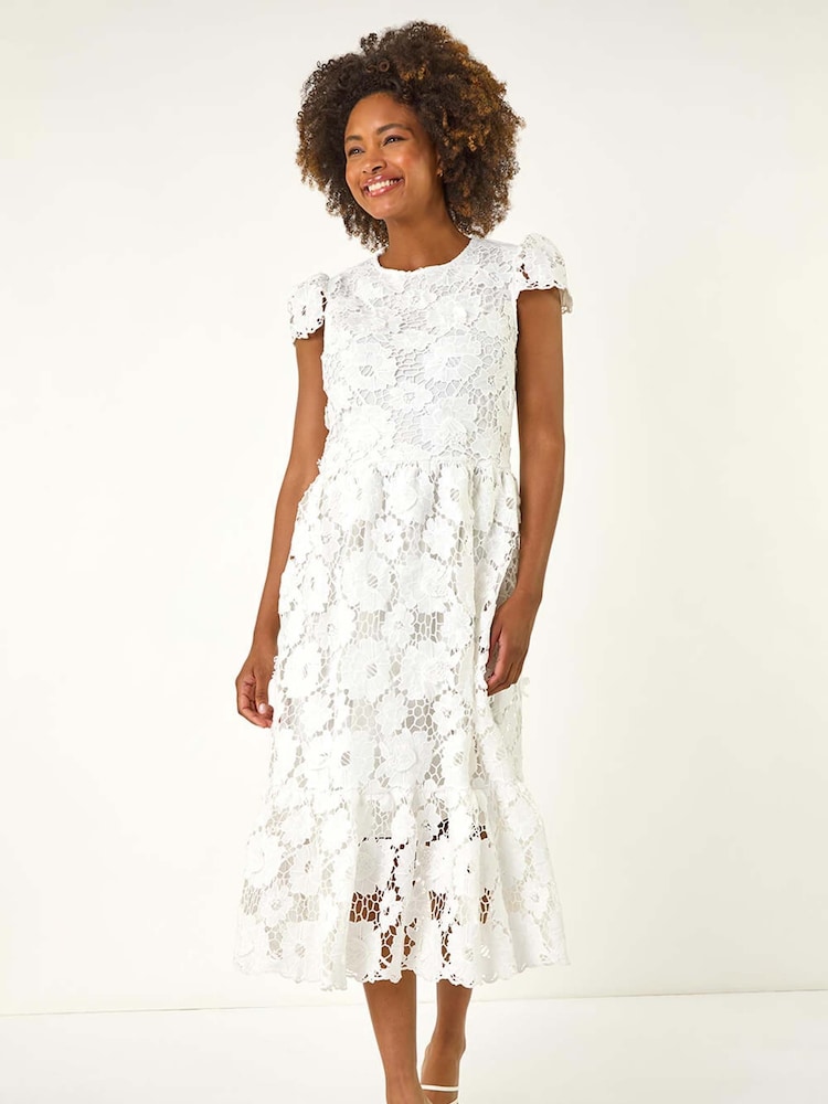 Roman White Crochet Floral Print Lace Midi Dress - Image 1 of 1