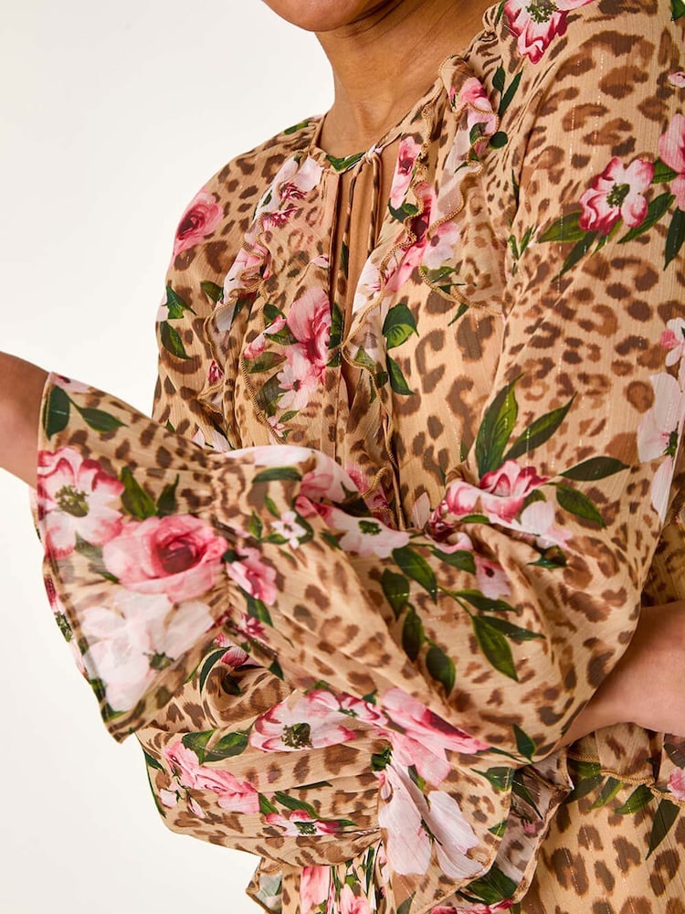 Roman Natural Floral Animal Print Frill A-Line Dress - Image 5 of 5
