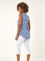 Roman Blue Geometric Gathered Vest Top - Image 3 of 5