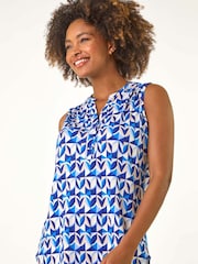 Roman Blue Geometric Gathered Vest Top - Image 4 of 5