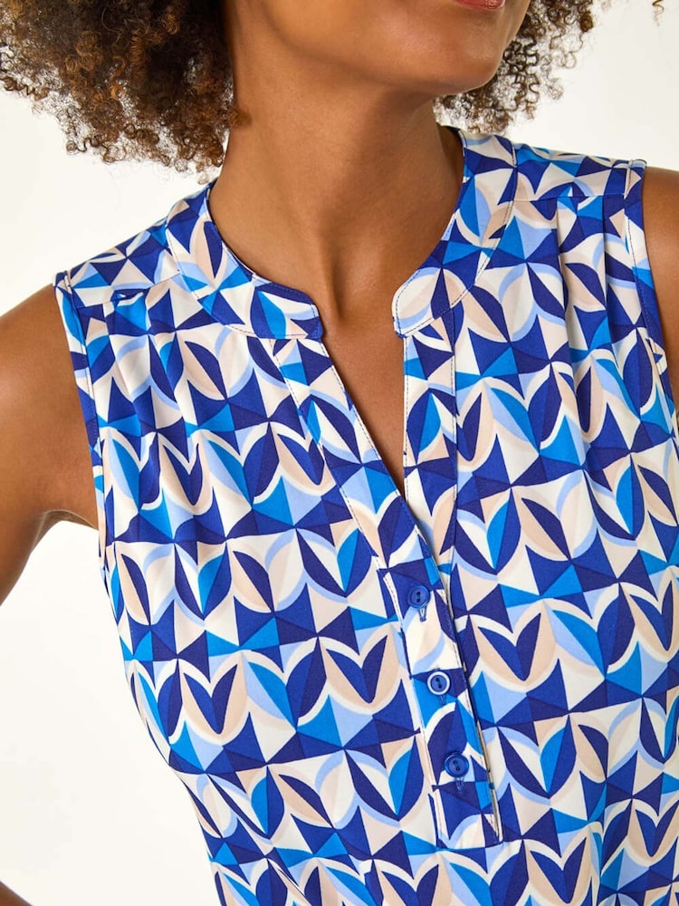 Roman Blue Geometric Gathered Vest Top - Image 5 of 5 Roman Blue Geometric Gathered Vest Top - Image 5 of 5
