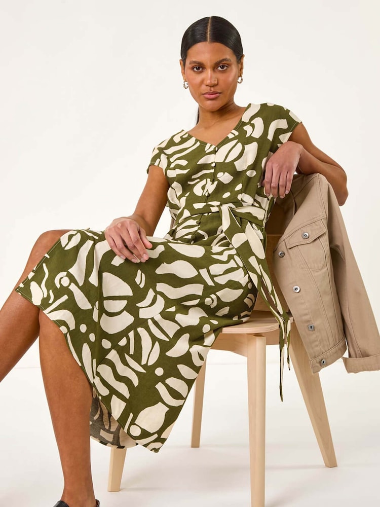Roman Green Geometric Button Detail Midi Dress - Image 1 of 5
