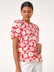 Roman Floral Print Balloon Sleeve Blouse - Imagem 4 de 5