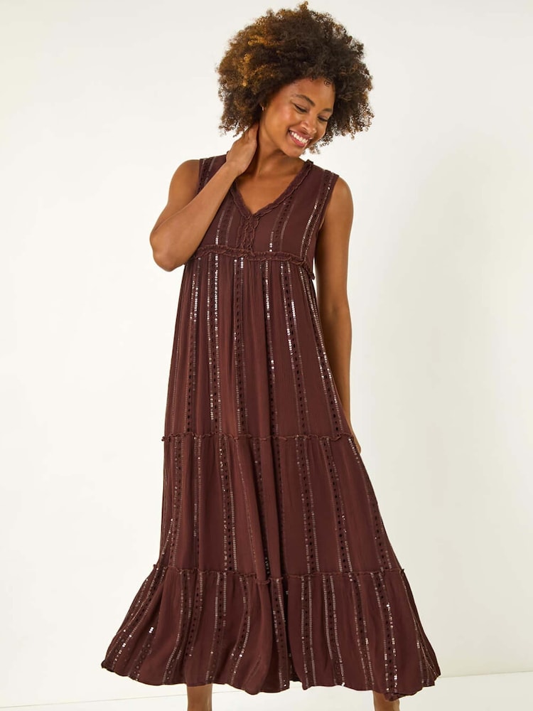 Коричневый - Roman Sequin Tiered Maxi Dress - Image 1 of 5