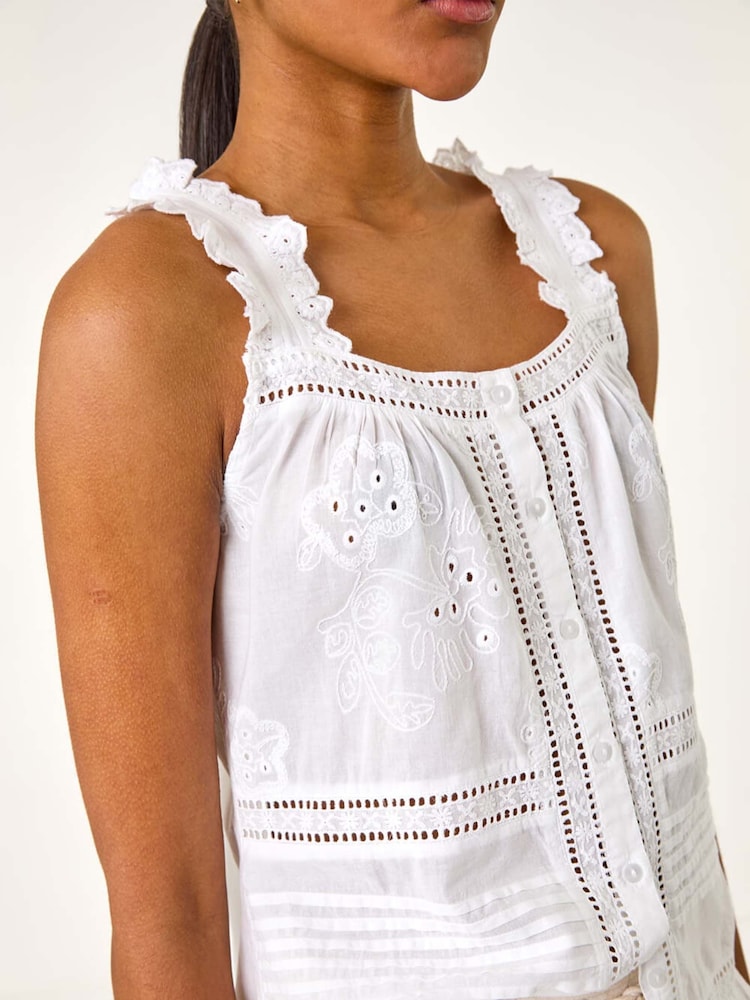 Roman Cream Embroidered Trim Button Detail 100% Cotton Blouse - Image 5 of 5