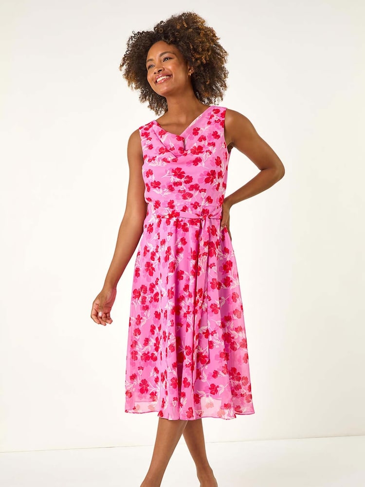 Roman Floral Print Chiffon Cowl Neck Dress - Imagen 1 de 5 Roman Floral Print Chiffon Cowl Neck Dress - Imagen 1 de 5