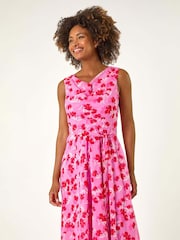 Roman Pink Floral Print Chiffon Cowl Neck Dress - Image 2 of 5