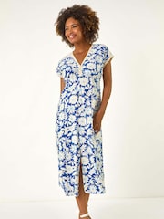 Azul - Vestido midi com estampa de margaridas romanas e acabamento em renda - Imagem 2 de 5