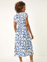 Azul - Vestido midi com estampa de margaridas romanas e acabamento em renda - Imagem 3 de 5