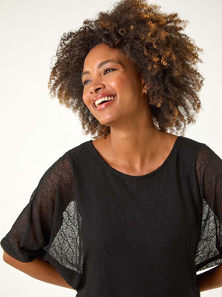 Preto - Roman Mesh Bubble Hem Stretch Top - Imagem 1 de 5