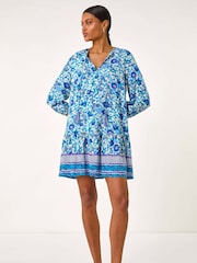 Roman Blue Floral Print Border Smock Dress - Image 1 of 5