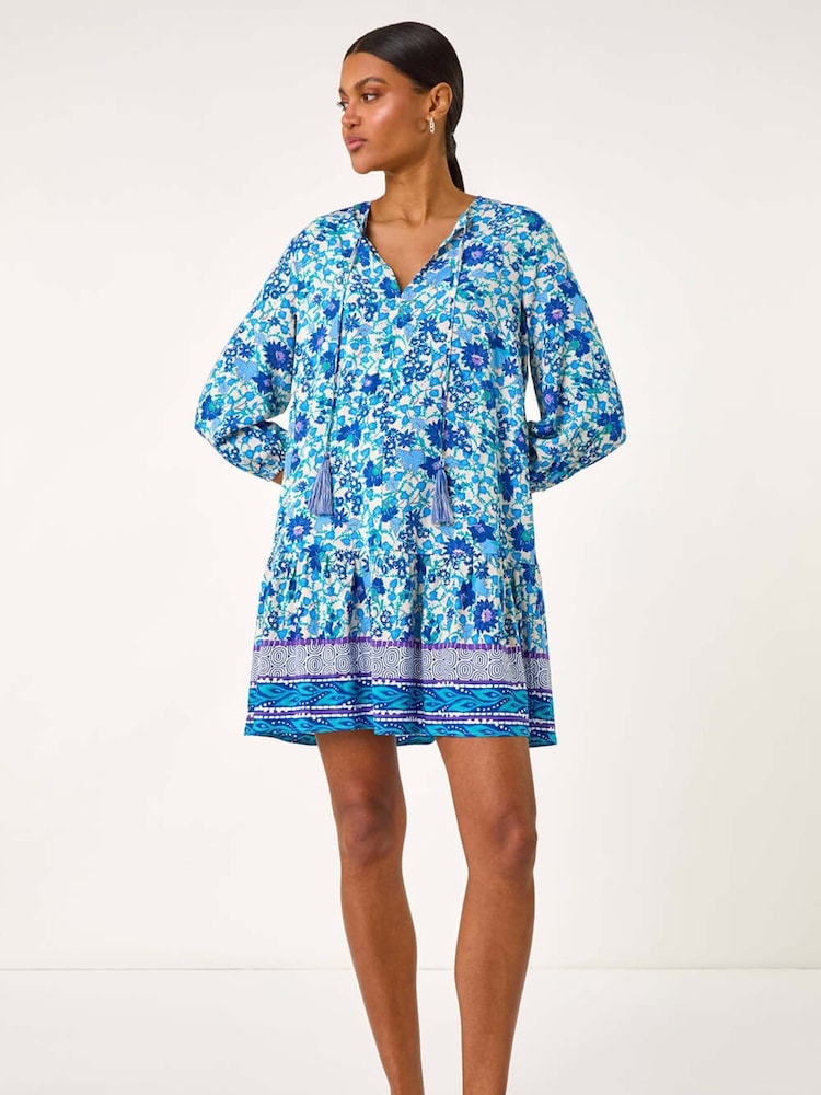 Roman Blue Floral Print Border Smock Dress - Image 1 of 5