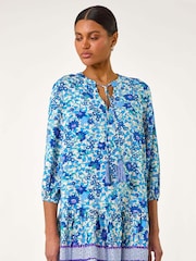 Roman Blue Floral Print Border Smock Dress - Image 2 of 5