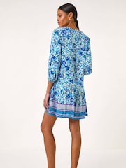 Roman Blue Floral Print Border Smock Dress - Image 3 of 5