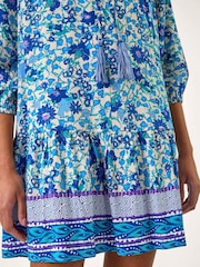 Roman Blue Floral Print Border Smock Dress - Image 5 of 5