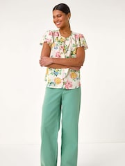 Roman Pink Floral Tie Front Frill Blouse - Image 2 of 5