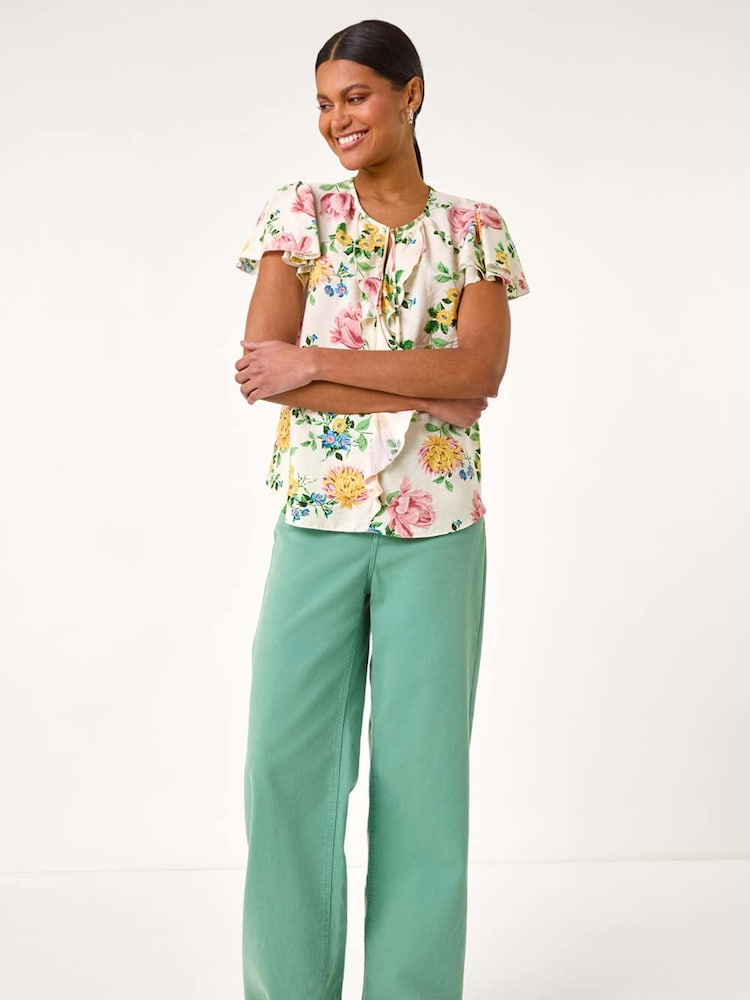 Roman Pink Floral Tie Front Frill Blouse - Image 2 of 5