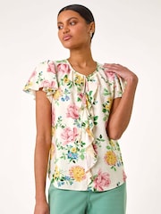 Roman Pink Floral Tie Front Frill Blouse - Image 4 of 5