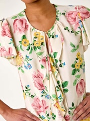 Roman Pink Floral Tie Front Frill Blouse - Image 5 of 5
