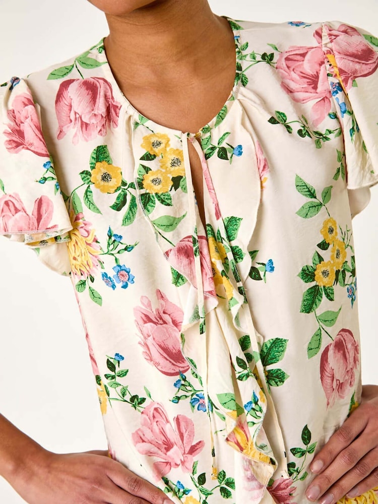 Roman Pink Floral Tie Front Frill Blouse - Image 5 of 5