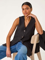 Roman Black Longline Button Waistcoat 100% Cotton Waistcoat - Image 1 of 5