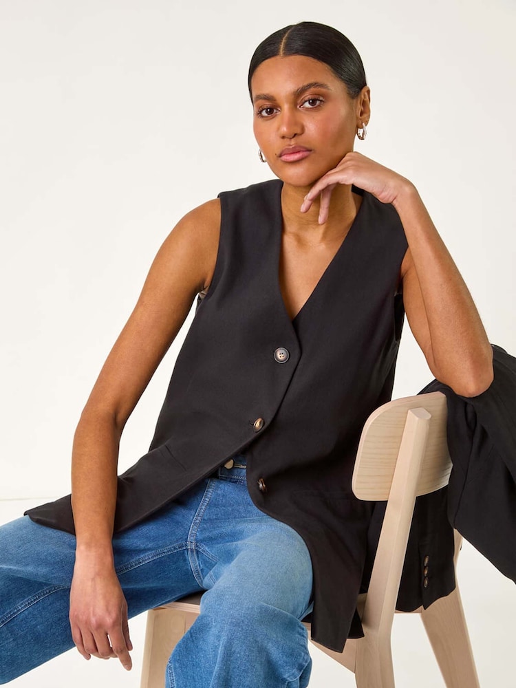 Roman Black Longline Button Waistcoat 100% Cotton Waistcoat - Image 1 of 5 Roman Black Longline Button Waistcoat 100% Cotton Waistcoat - Image 1 of 5