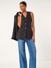 Roman Black Longline Button Waistcoat 100% Cotton Waistcoat - Image 2 of 5