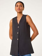 Roman Black Longline Button Waistcoat 100% Cotton Waistcoat - Image 4 of 5