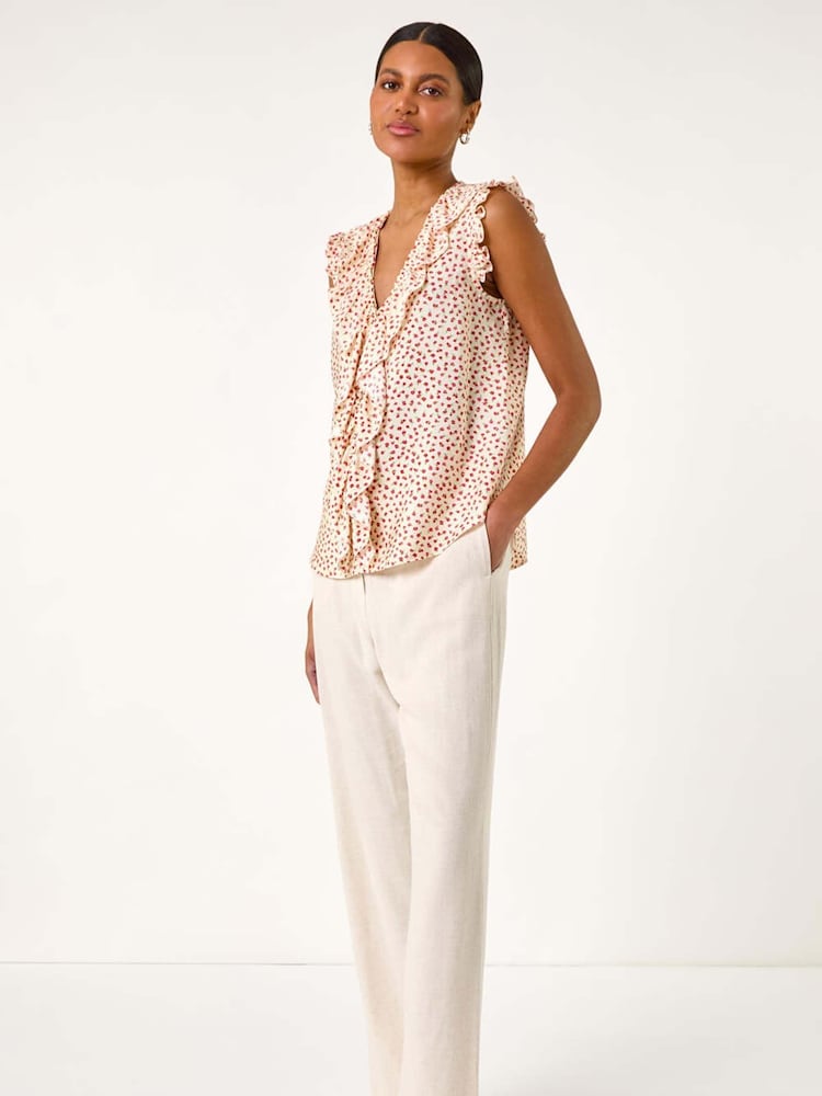Roman White Floral Print Ruffle Front Vest Top - Image 2 of 5
