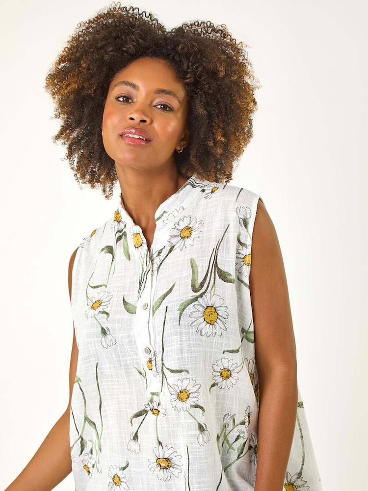 Roman White Daisy Print V-Neck 100% Cotton Vest - Image 2 of 5