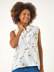 Roman White Daisy Print V-Neck 100% Cotton Vest - Image 4 of 5