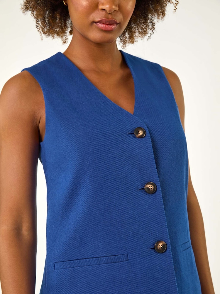 Roman Blue Longline Button Waistcoat 100% Cotton Waistcoat - Image 5 of 5