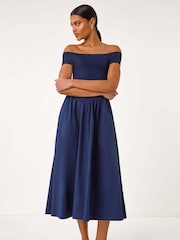 Roman Blue Plain Shirred 100% Cotton Midi Dress - Image 1 of 5