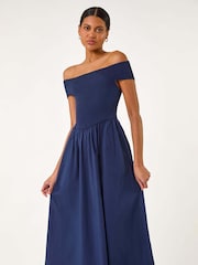 Roman Blue Plain Shirred 100% Cotton Midi Dress - Image 2 of 5