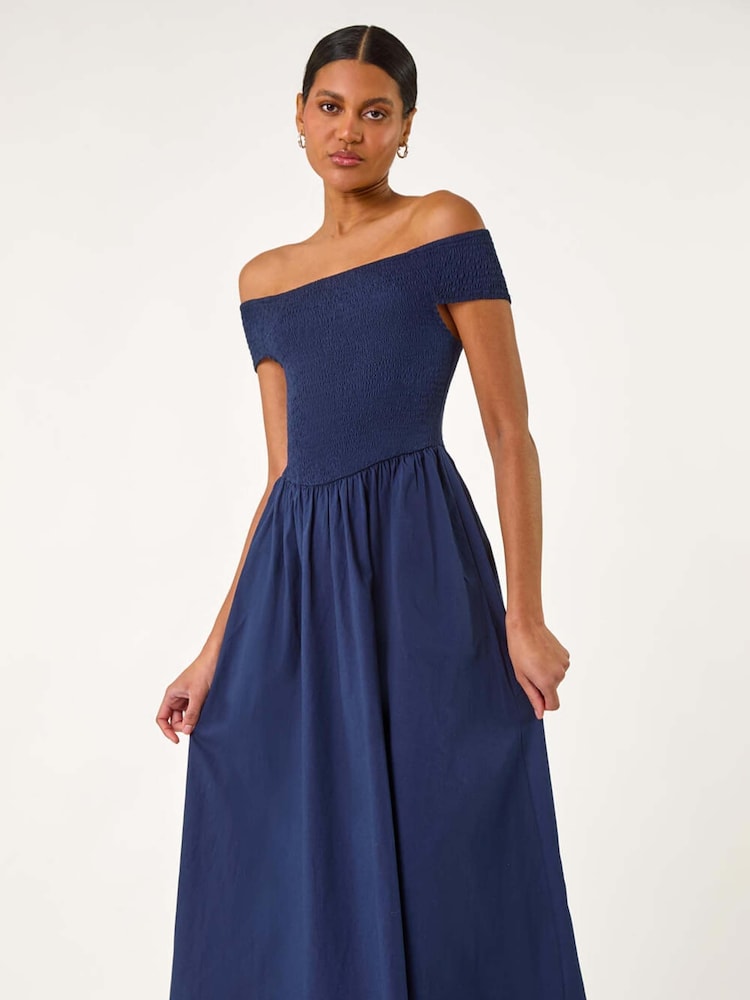 Roman Blue Plain Shirred 100% Cotton Midi Dress - Image 2 of 5