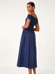 Roman Blue Plain Shirred 100% Cotton Midi Dress - Image 3 of 5