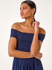 Roman Blue Plain Shirred 100% Cotton Midi Dress - Image 4 of 5