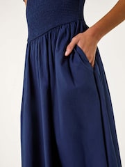 Roman Blue Plain Shirred 100% Cotton Midi Dress - Image 5 of 5