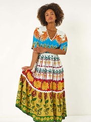 Roman Red Tropical Print V-Neck Midi Dress - Image 2 of 5