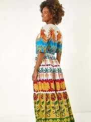 Roman Red Tropical Print V-Neck Midi Dress - Image 3 of 5