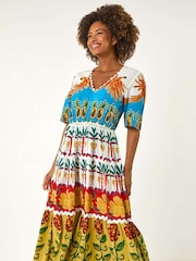 Roman Red Tropical Print V-Neck Midi Dress - Image 4 of 5