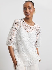 Joanna Hope Crochet Puff Sleeve White Blouse - Image 1 of 4